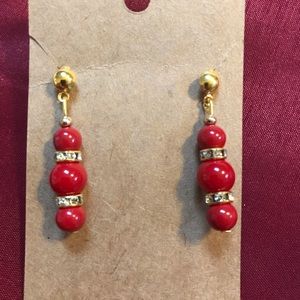 Gold Tone Rhinestones Red Czech Druk Glass Bead Post Dangle Earrings